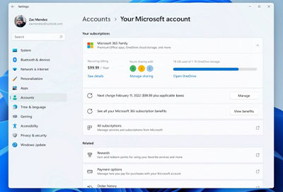 Win11KB5008353更了账户支持全新管理订阅功能